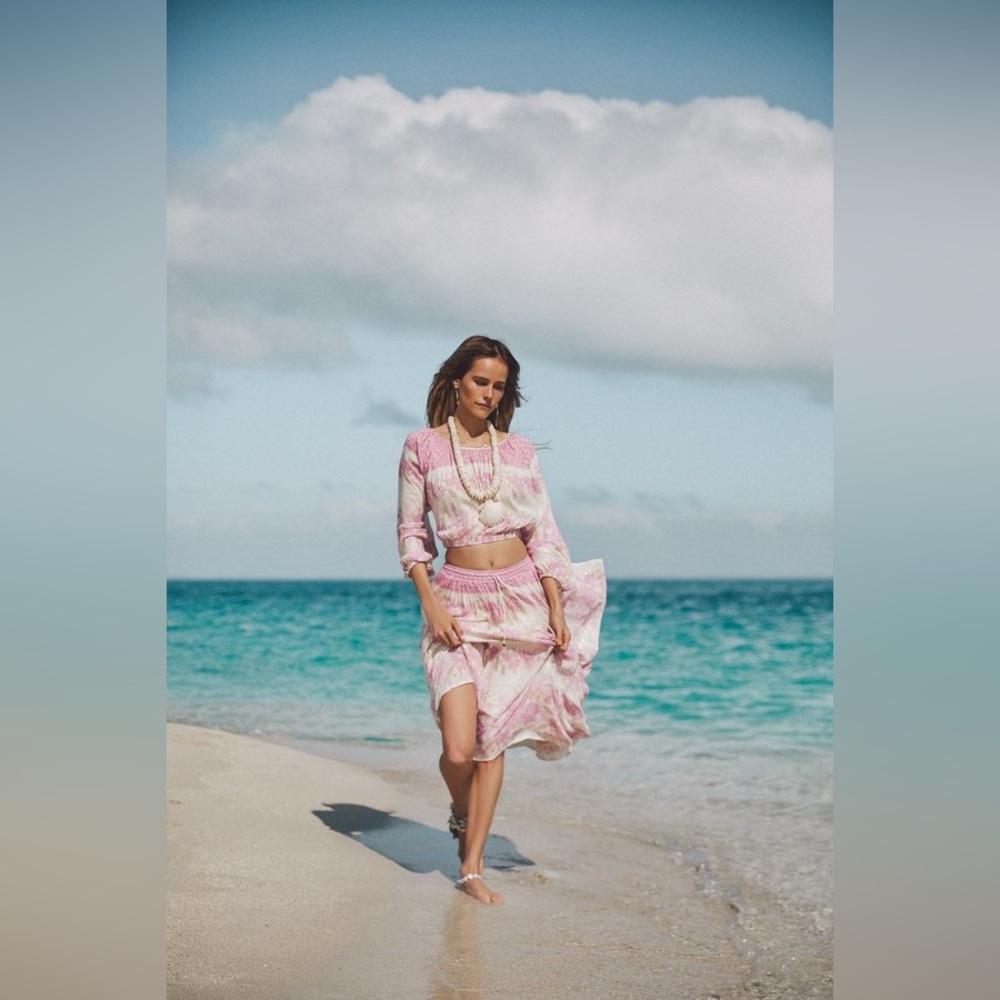 EUC Spell Coco lei Pink and Cream Floral Skirt Set